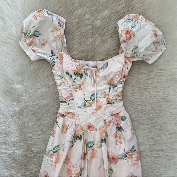 House of CB Lulabell Peach Floral Cotton Puff Sleeve Midi Dress Corset Back A-C - Picture 4 of 15
